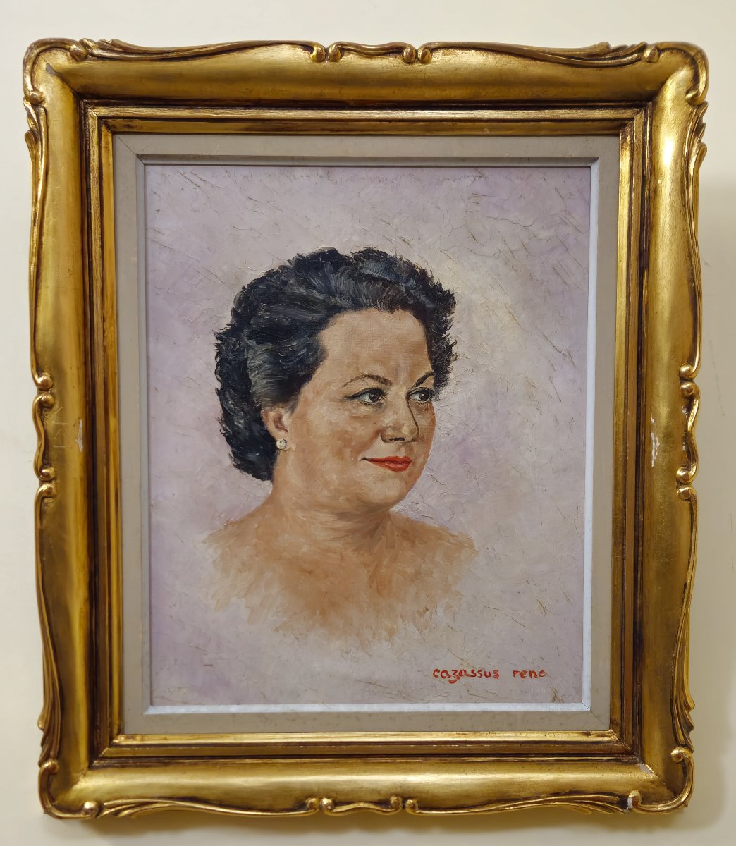 Portrait ancien de femme – Huile sur toile signée René Cazassus – cadre doré -photo-5