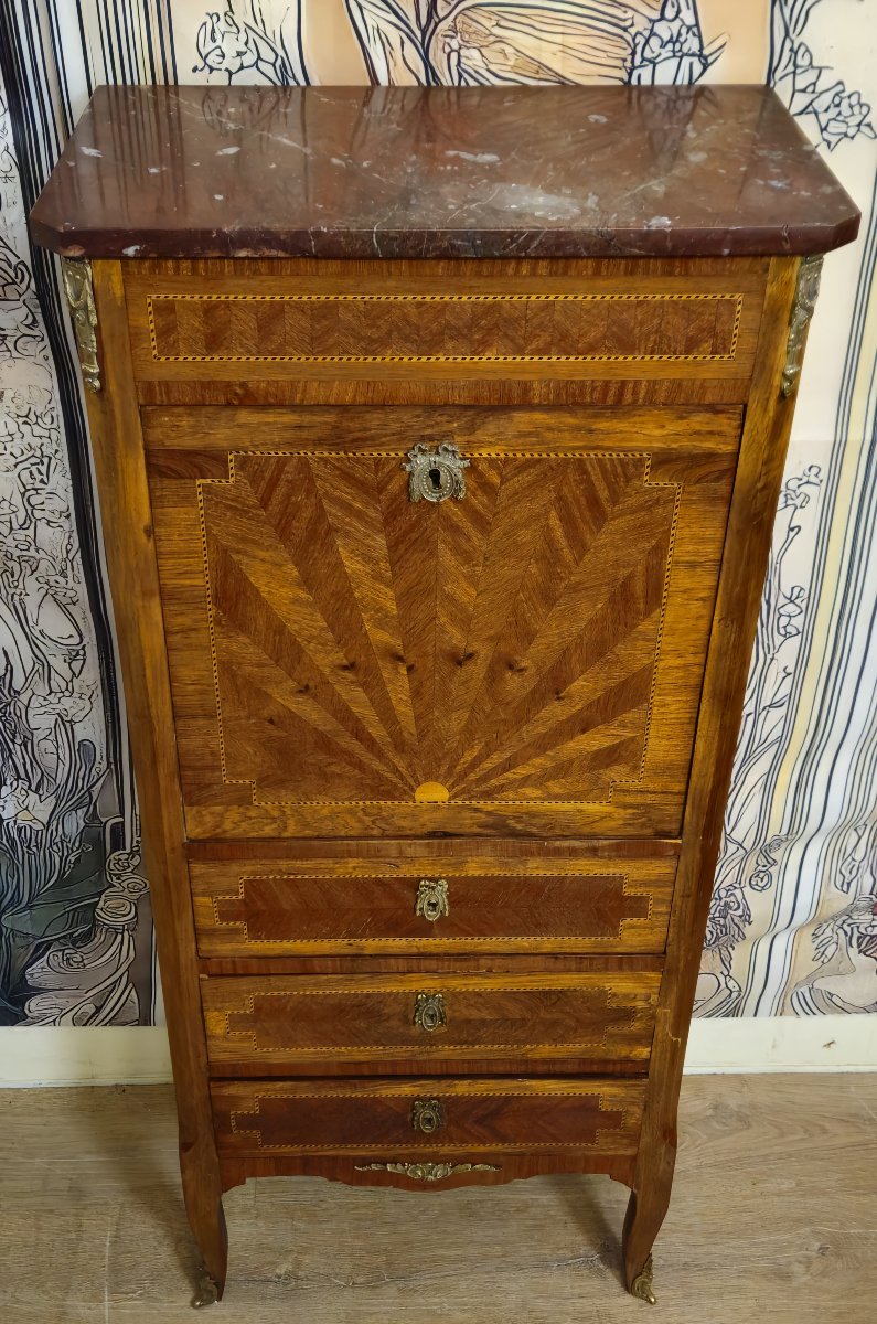Antique Louis XV Style Marquetry Secretary Desk – Marble Top-photo-1