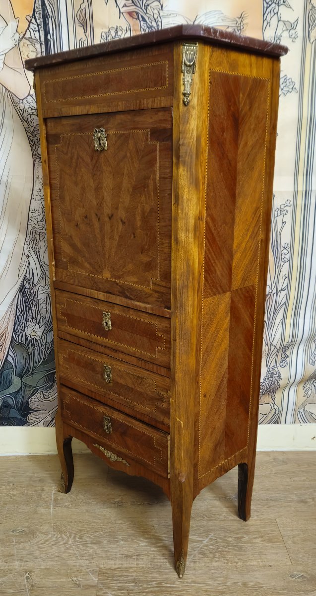 Antique Louis XV Style Marquetry Secretary Desk – Marble Top-photo-2