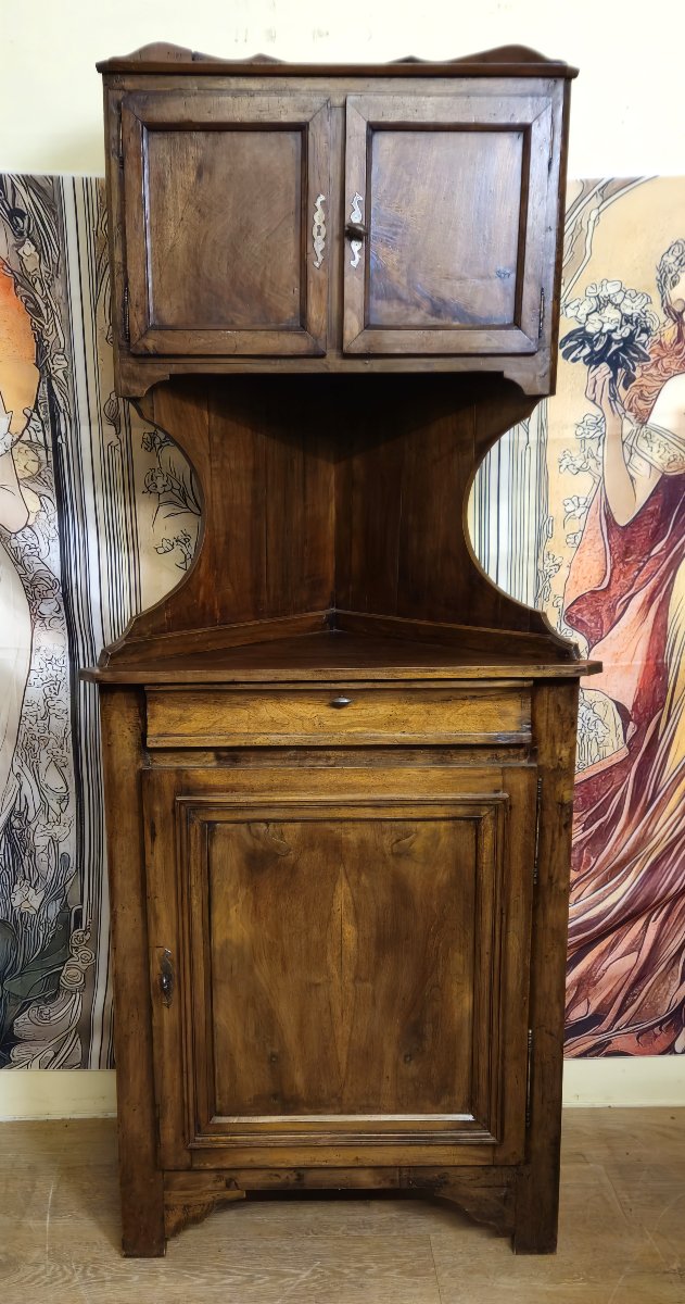 Louis Philippe Corner Buffet In Solid Walnut With Upper Section – Rustic Piece Of Furniture – 19th Century -photo-1