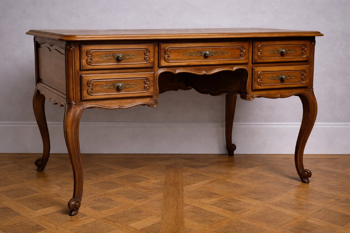 Antique Louis XV Style Desk In Solid Wood – 5 Drawers – Marquetry Top – 20th Century