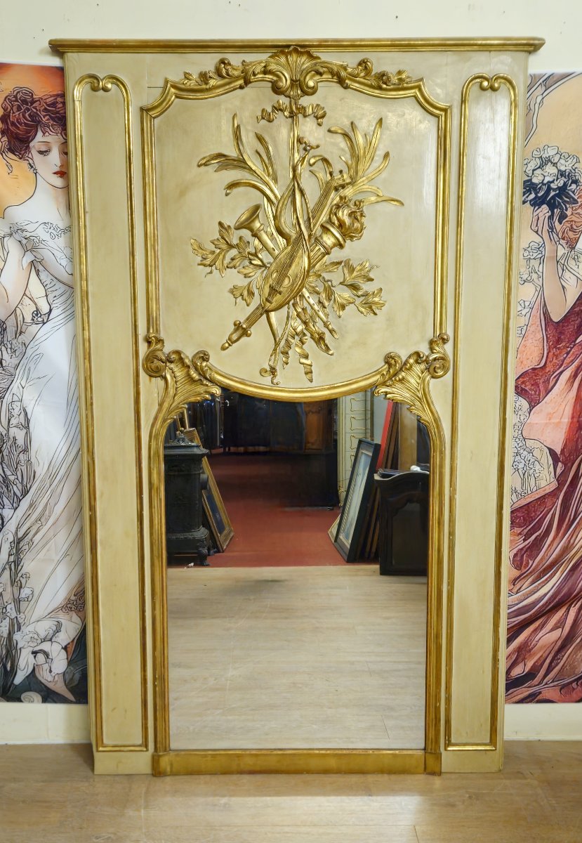 Trés trés important trumeau Louis XVI – miroir et panneau décor aux instruments de musique - -photo-1