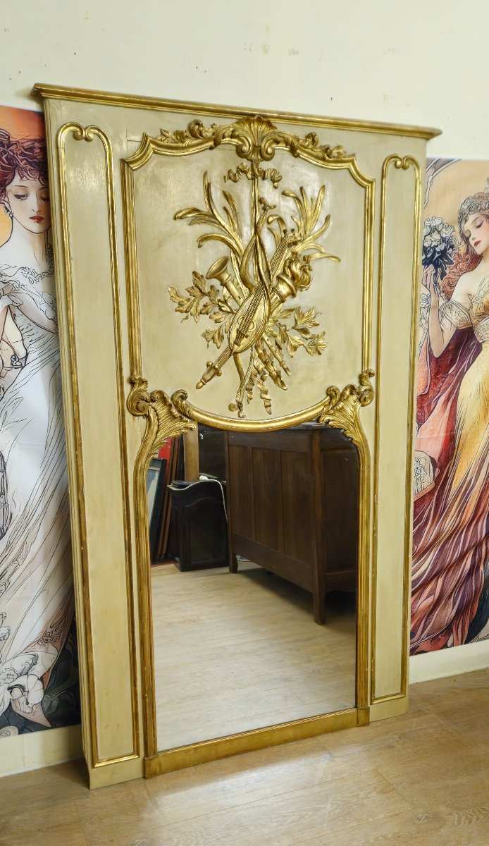 Trés trés important trumeau Louis XVI – miroir et panneau décor aux instruments de musique - -photo-2