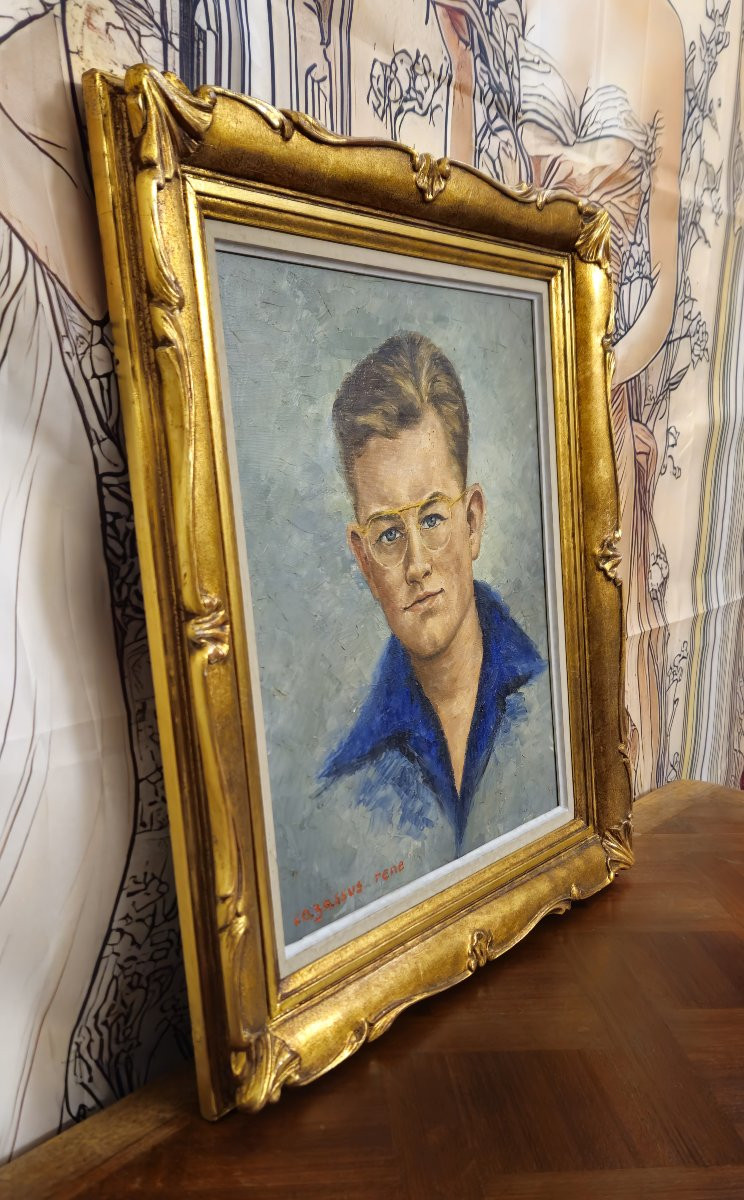 Portrait ancien de jeune homme – Huile sur toile signée René Cazassus – cadre doré-photo-3