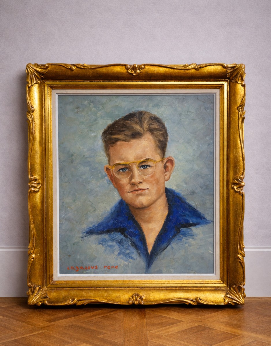 Portrait ancien de jeune homme – Huile sur toile signée René Cazassus – cadre doré