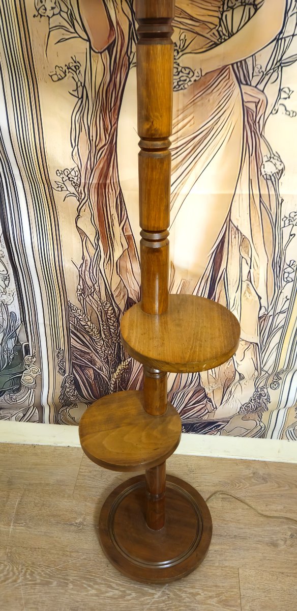 Wooden Servant's Floor Lamp With Fringed Lampshade – Vintage Style -photo-5