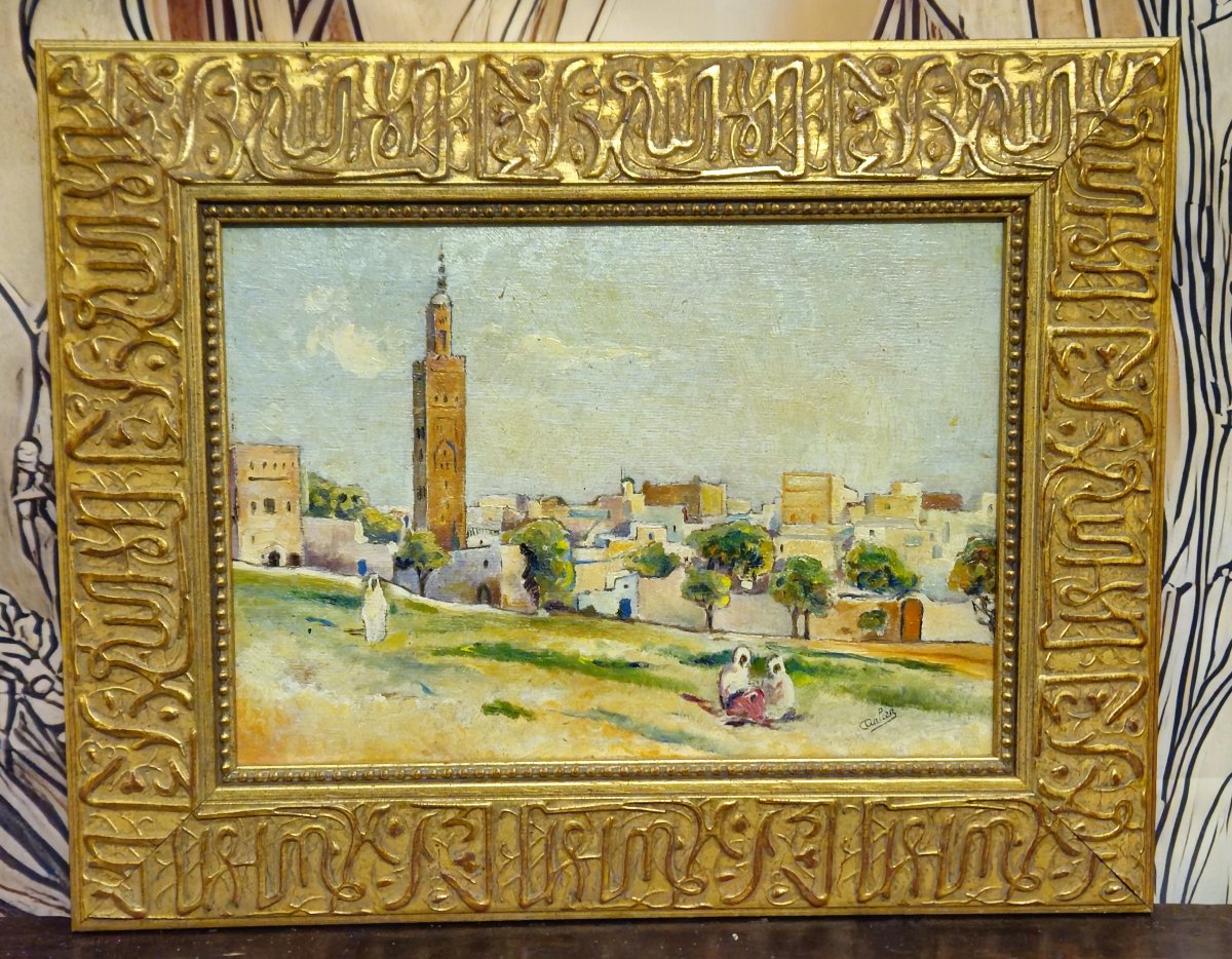 Tableau orientaliste signé – Huile sur panneau – Cadre sculpté à décor pseudo-coufique – XXe-photo-1