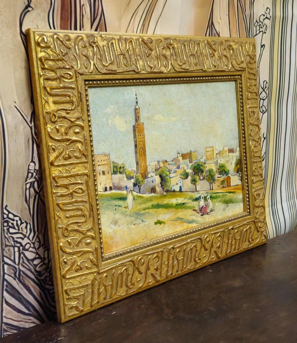 Tableau orientaliste signé – Huile sur panneau – Cadre sculpté à décor pseudo-coufique – XXe-photo-3