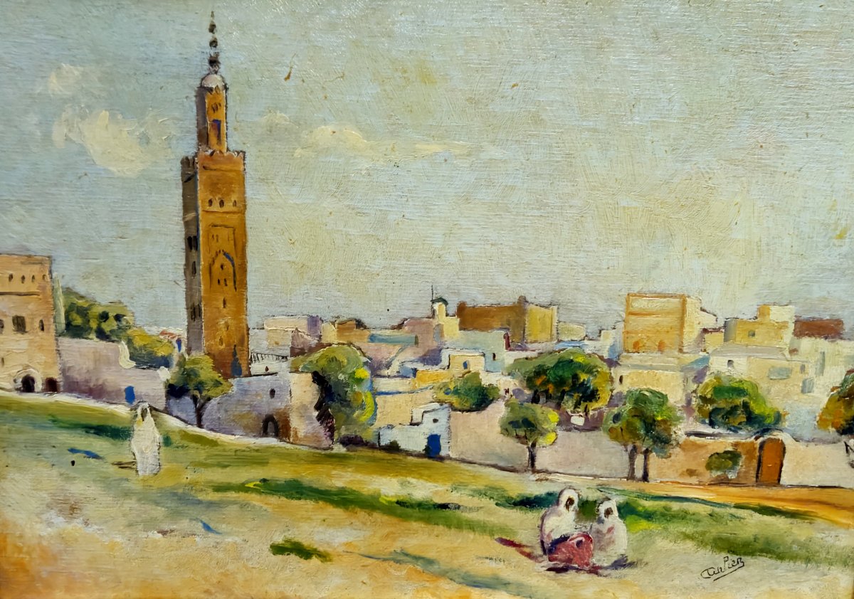 Tableau orientaliste signé – Huile sur panneau – Cadre sculpté à décor pseudo-coufique – XXe-photo-4