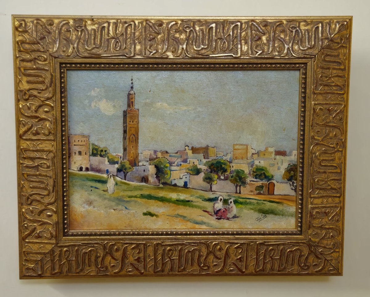 Tableau orientaliste signé – Huile sur panneau – Cadre sculpté à décor pseudo-coufique – XXe-photo-6