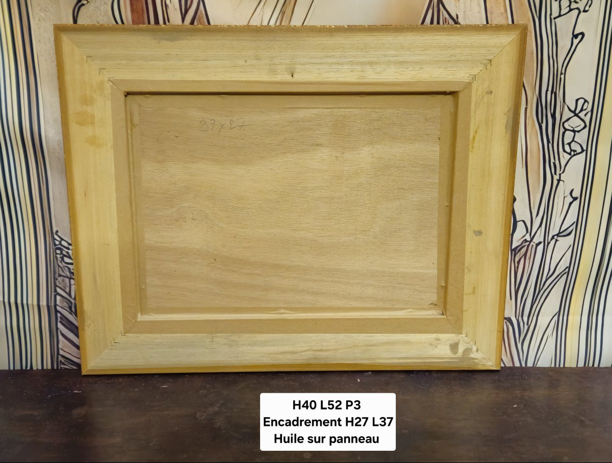 Tableau orientaliste signé – Huile sur panneau – Cadre sculpté à décor pseudo-coufique – XXe-photo-7