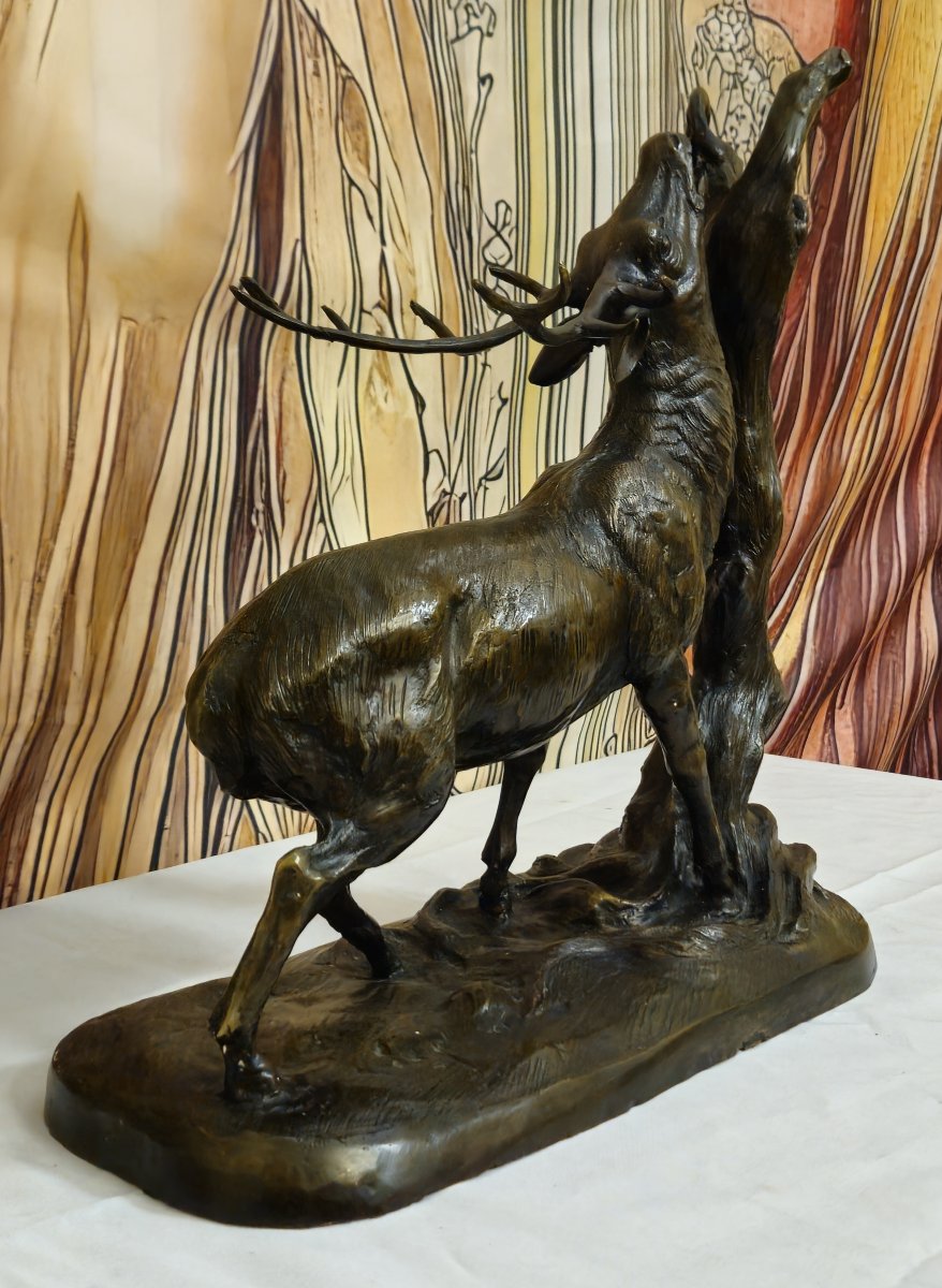 Large Bronze Animal Group – Rutting Stag – Late 19th Century -photo-3