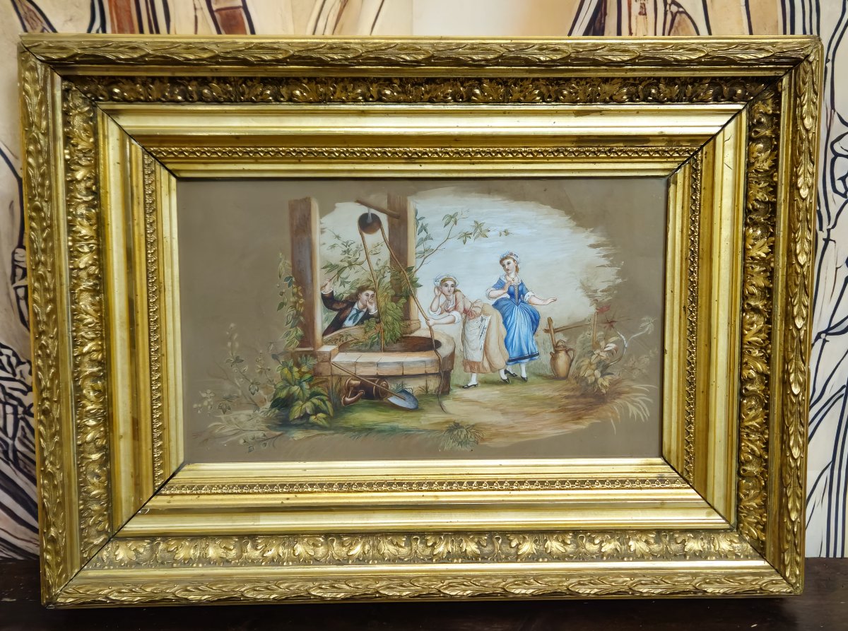 Angéle Blanc 1890 : Charmante peinture ancienne (gouache) représentant une scène galante-photo-1