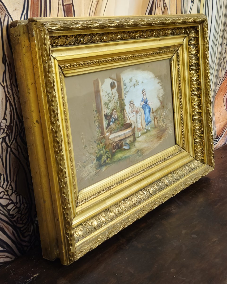 Angéle Blanc 1890 : Charmante peinture ancienne (gouache) représentant une scène galante-photo-2