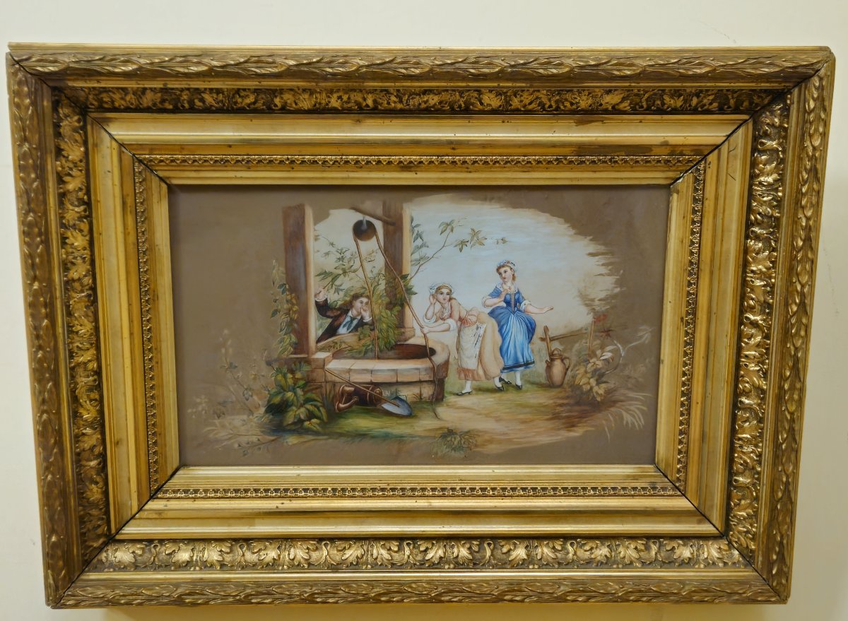 Angéle Blanc 1890 : Charmante peinture ancienne (gouache) représentant une scène galante-photo-6