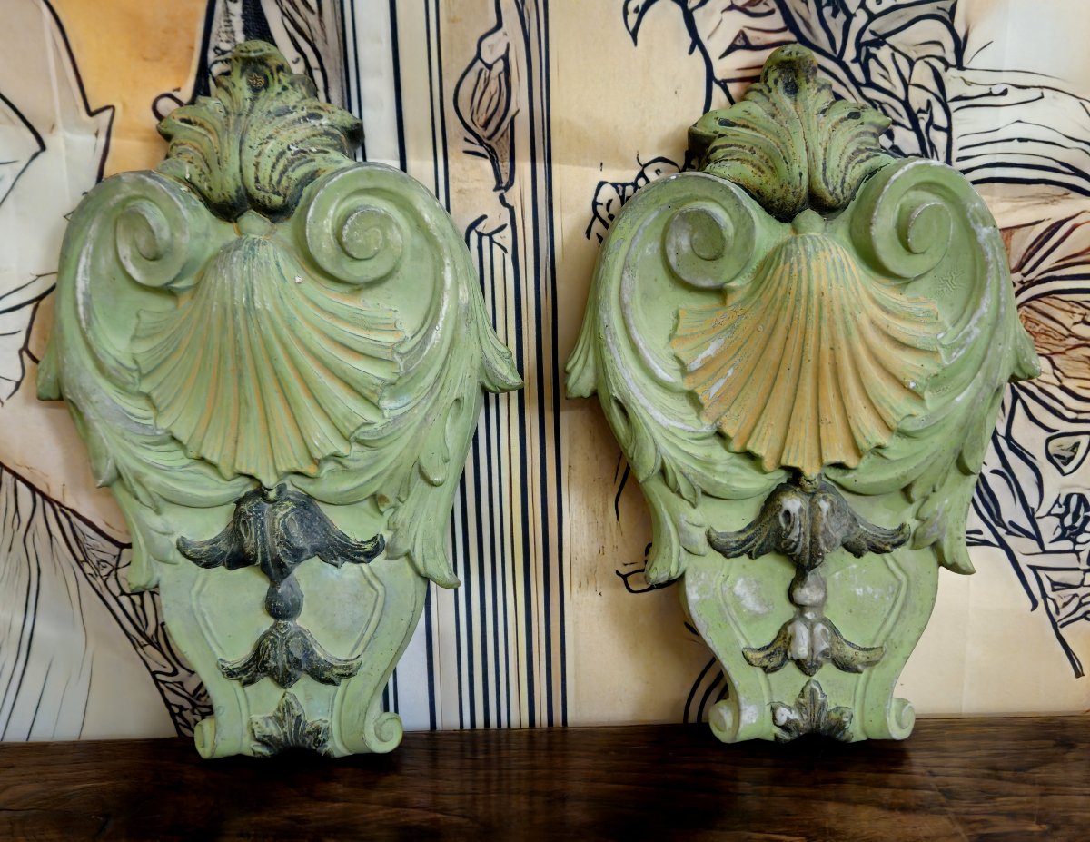 Paire d’éléments architecturaux anciens en faience polychrome – décor coquille – XIXeme -photo-1