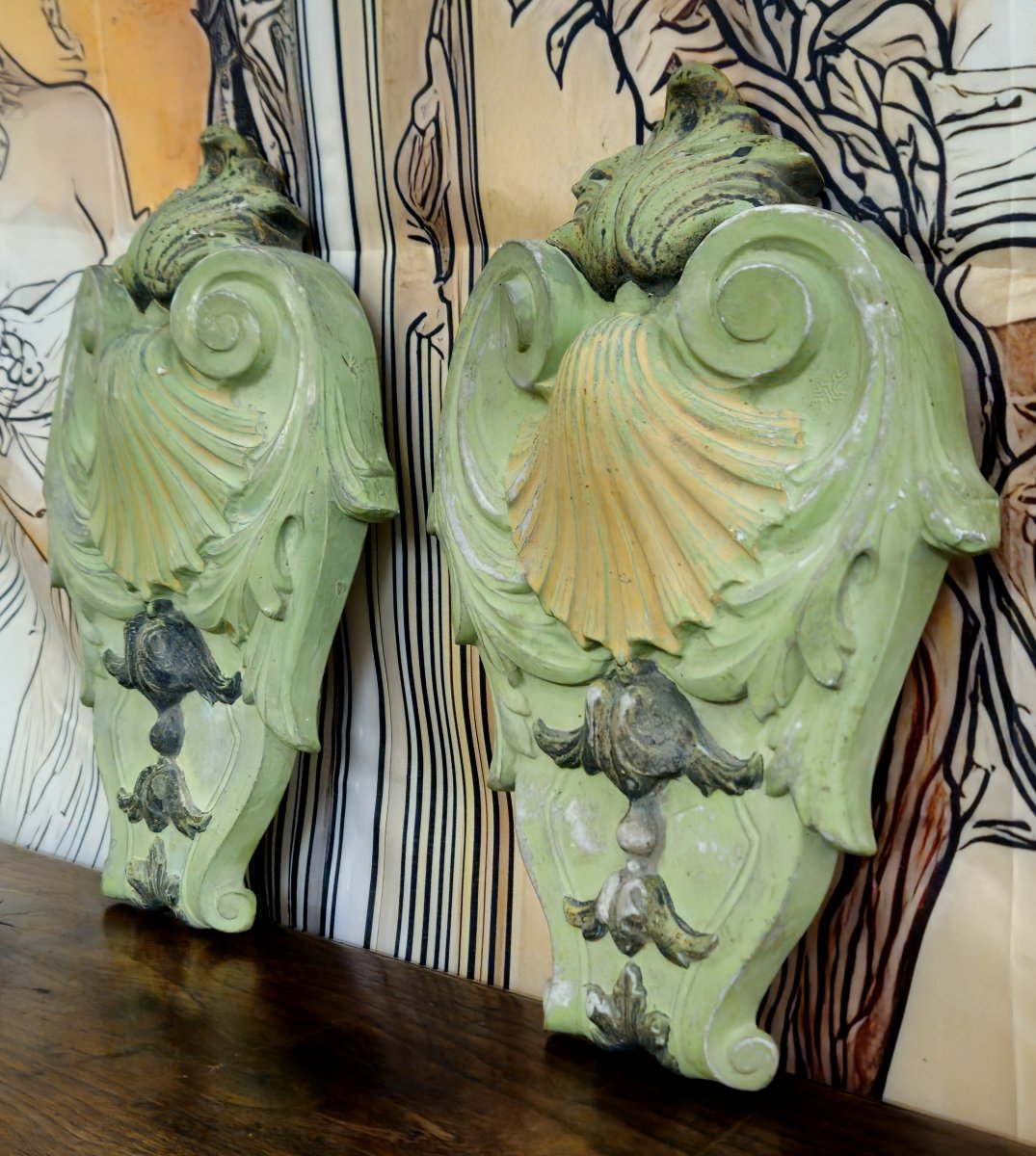 Paire d’éléments architecturaux anciens en faience polychrome – décor coquille – XIXeme -photo-2