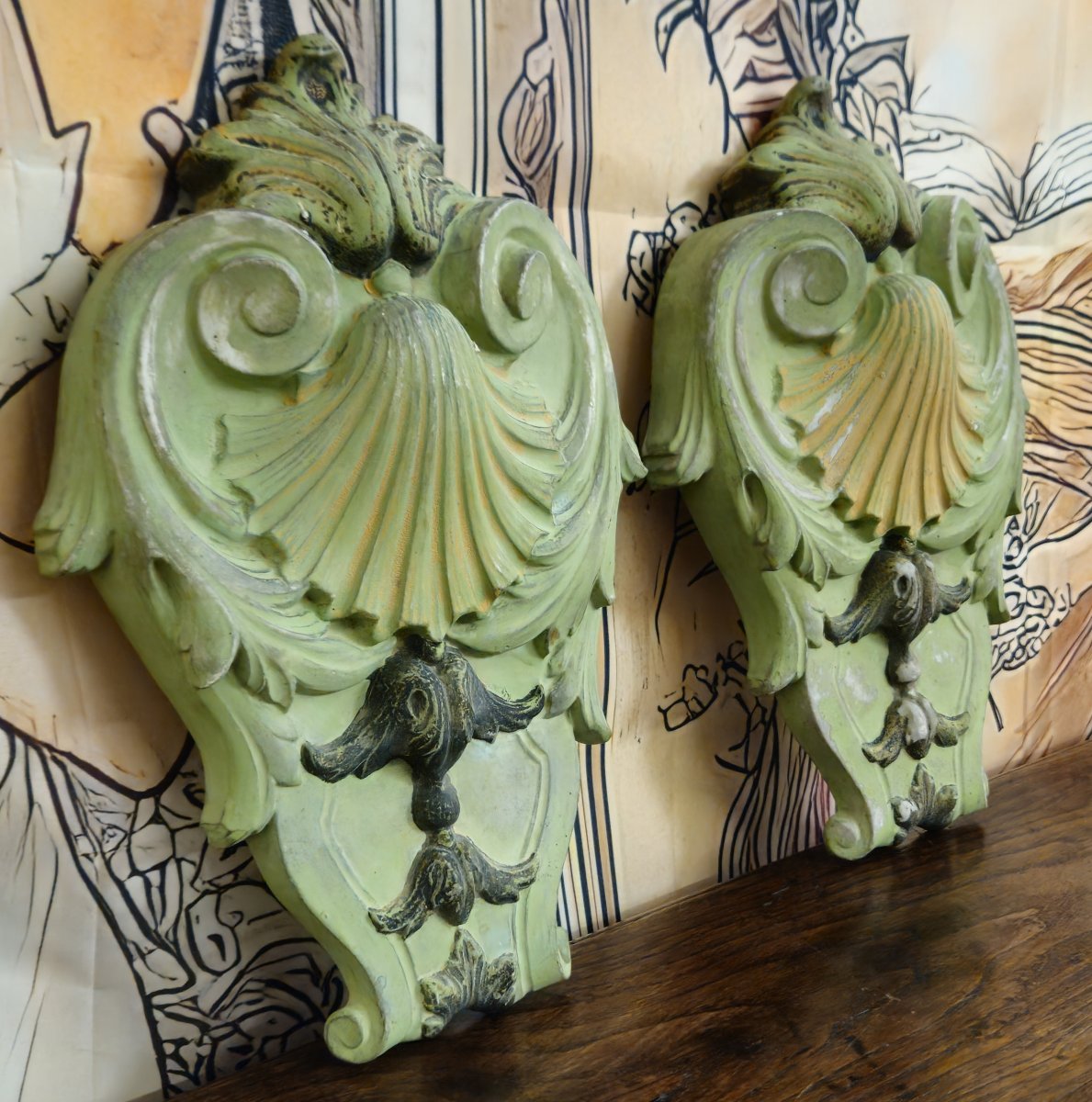 Paire d’éléments architecturaux anciens en faience polychrome – décor coquille – XIXeme -photo-3
