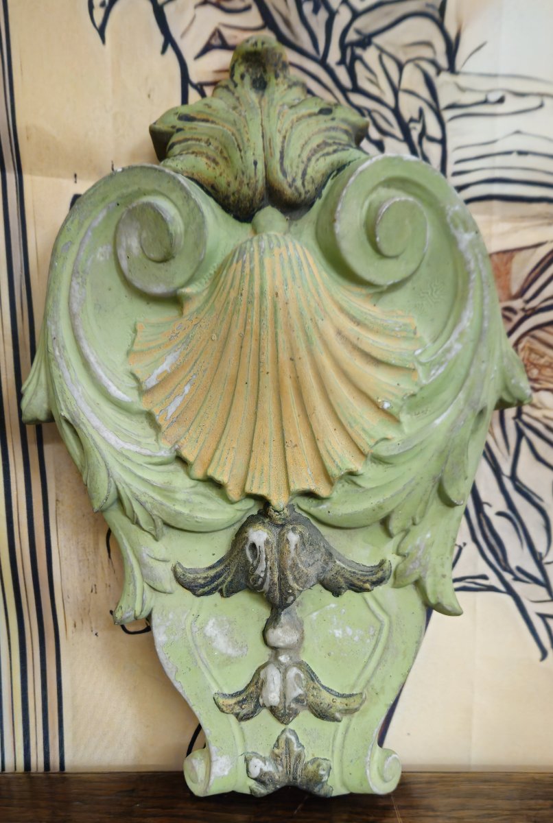 Paire d’éléments architecturaux anciens en faience polychrome – décor coquille – XIXeme -photo-5