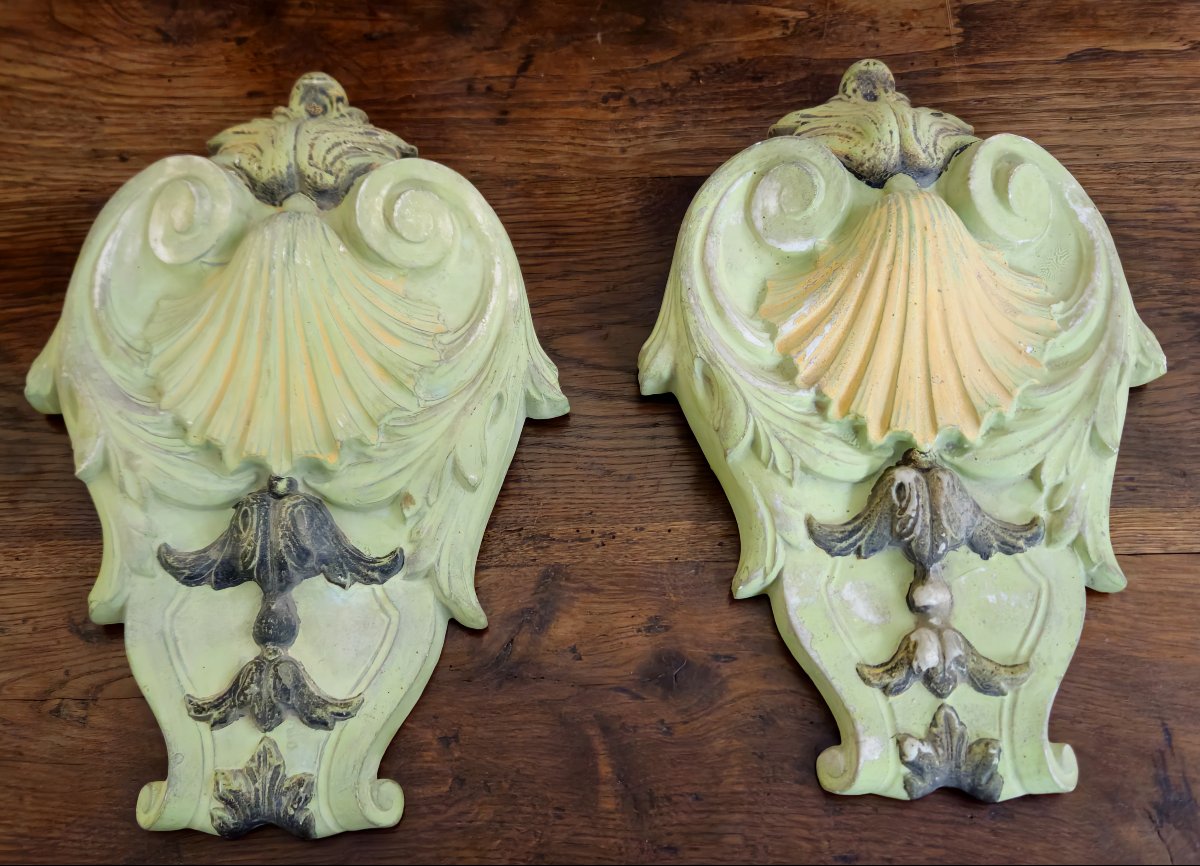 Paire d’éléments architecturaux anciens en faience polychrome – décor coquille – XIXeme -photo-6