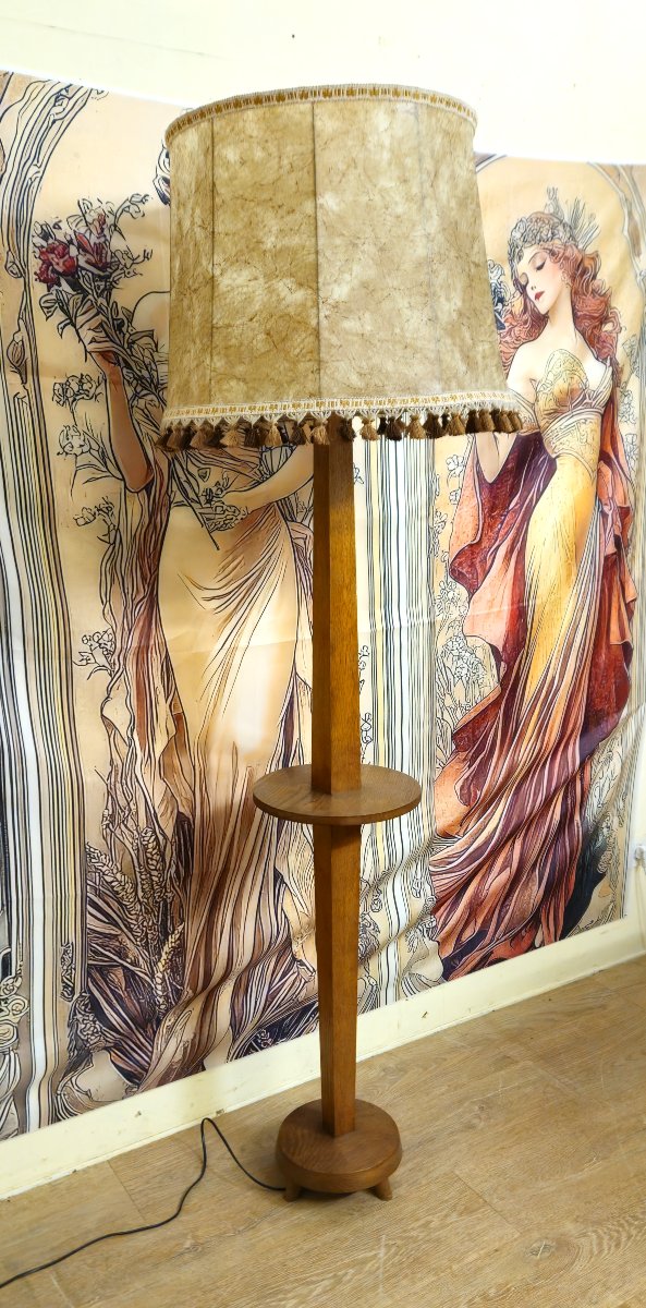 Light Oak Floor Lamp With Shelf And Tassel Shade – 1940s – Art Deco-photo-2