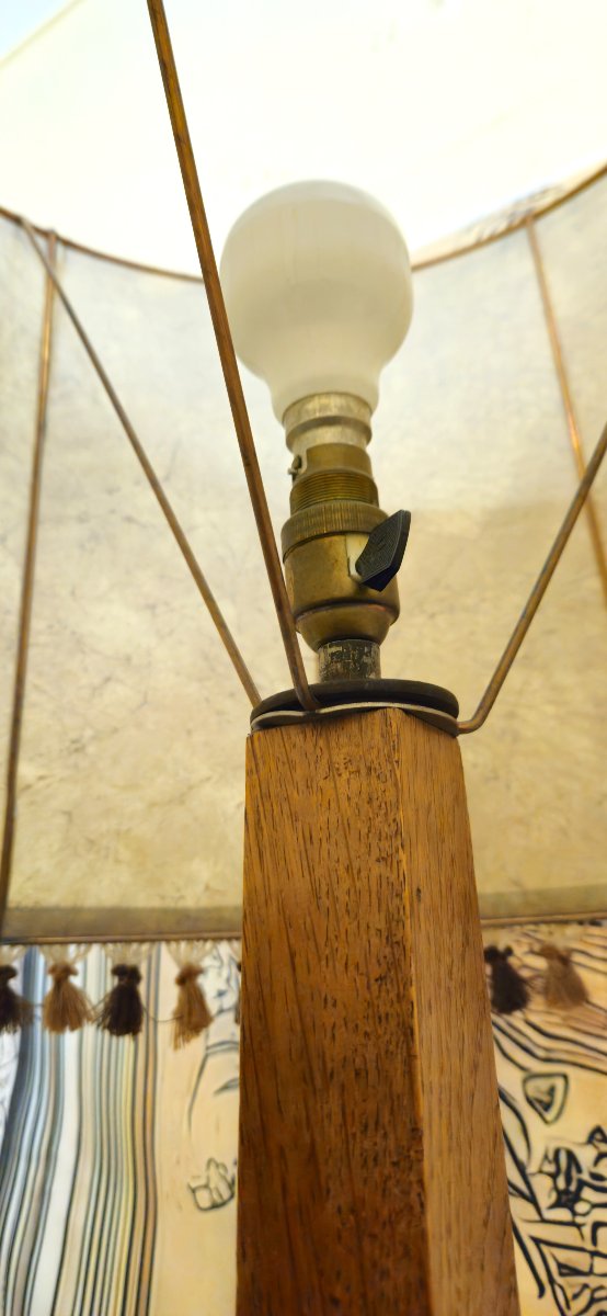 Light Oak Floor Lamp With Shelf And Tassel Shade – 1940s – Art Deco-photo-3