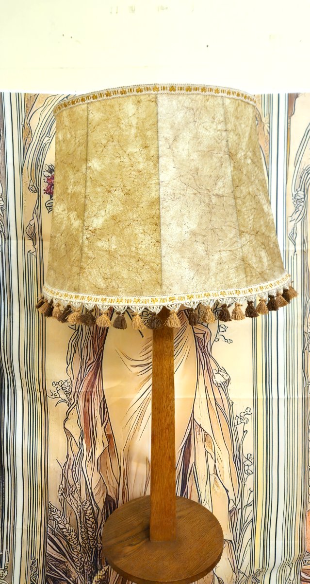 Light Oak Floor Lamp With Shelf And Tassel Shade – 1940s – Art Deco-photo-4