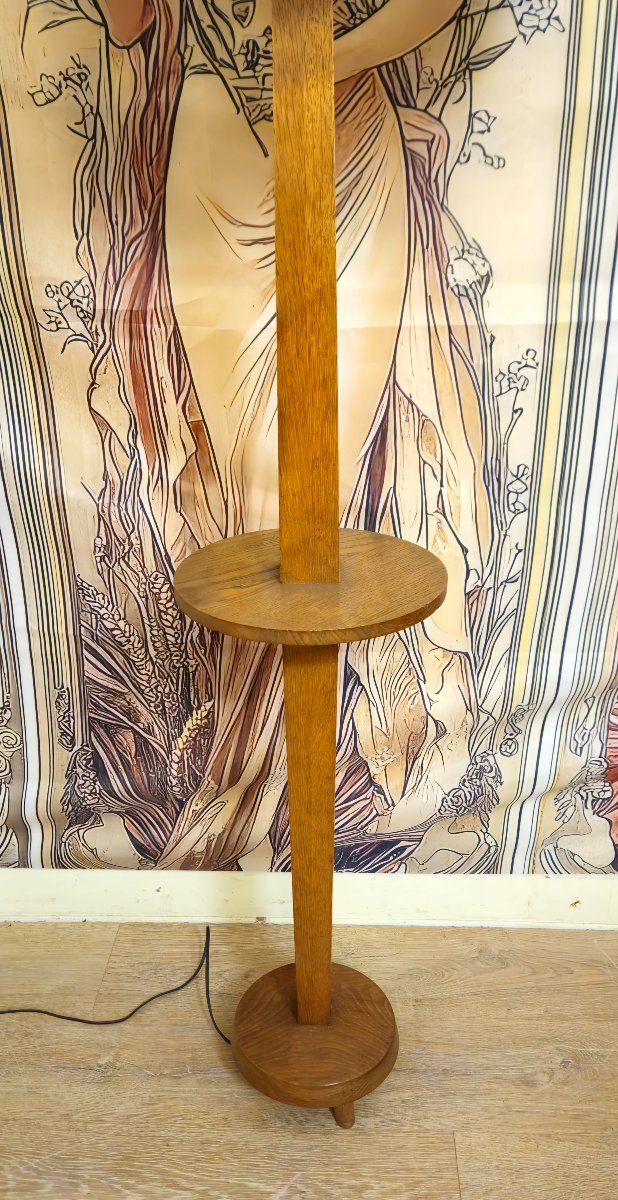 Light Oak Floor Lamp With Shelf And Tassel Shade – 1940s – Art Deco-photo-5