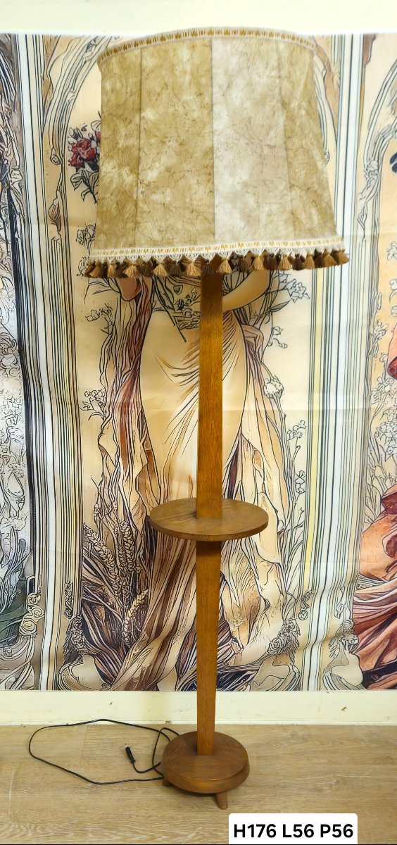 Light Oak Floor Lamp With Shelf And Tassel Shade – 1940s – Art Deco-photo-7