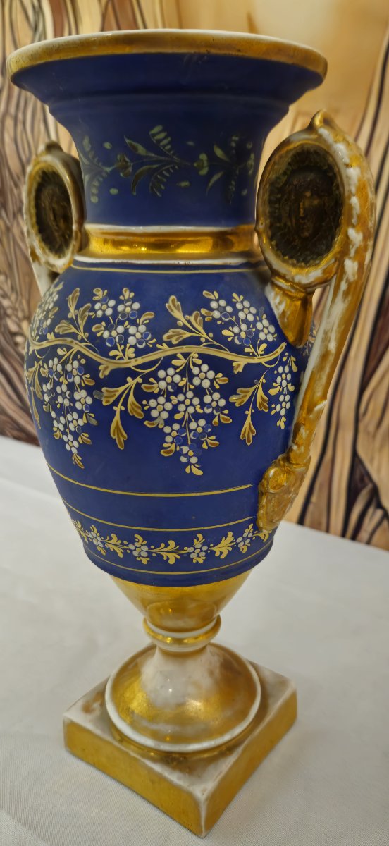 Grand vase ancien époque Empire – décor bleu et or – anses à médaillons – XIXe – porcelaine -photo-5
