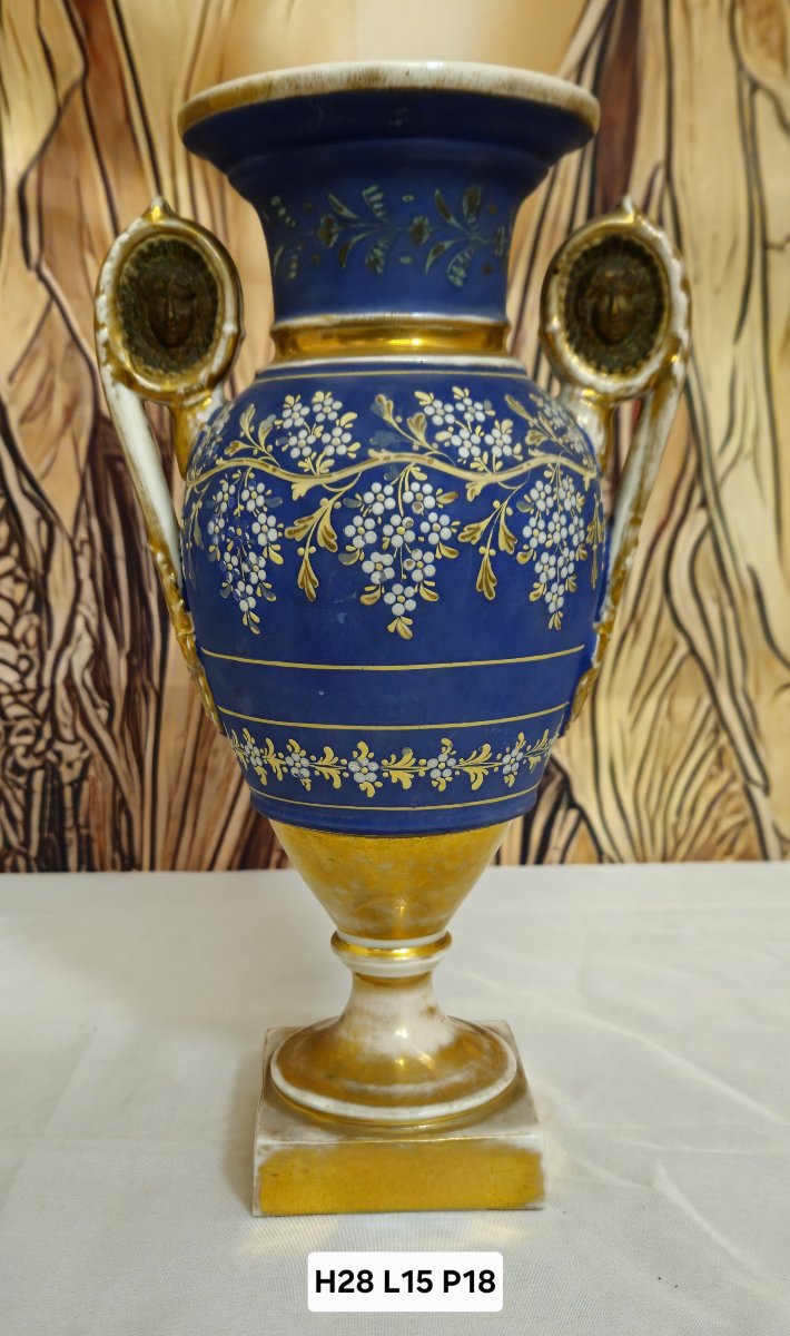Grand vase ancien époque Empire – décor bleu et or – anses à médaillons – XIXe – porcelaine -photo-7
