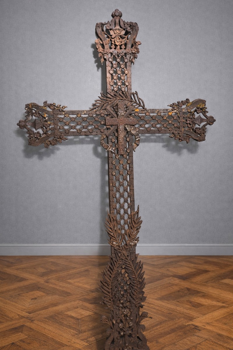 Huge Antique Cast Iron Cross, Richly Openwork And Decorated With Floral And Religious Motifs