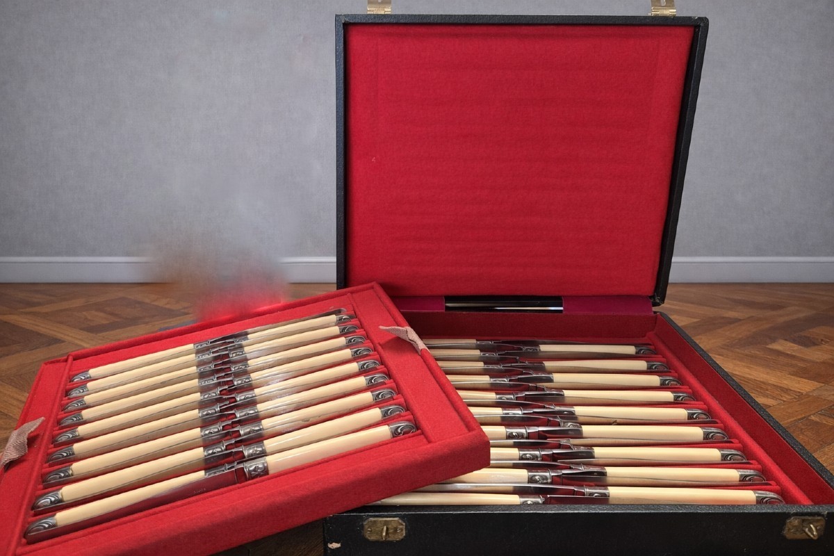 Coffret époque Napoléon III contenant 36 couteaux de table avec manches imitation os 