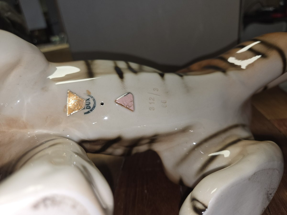 Grand tigre en porcelaine ROYAL DUX – Tchécoslovaquie - Art Déco 1930 - marque au triangle-photo-5