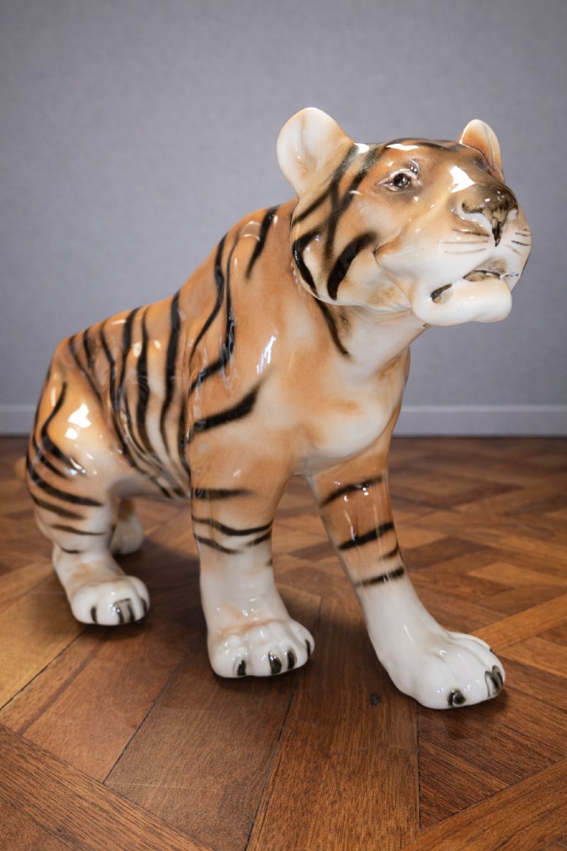 Grand tigre en porcelaine ROYAL DUX – Tchécoslovaquie - Art Déco 1930 - marque au triangle-photo-8