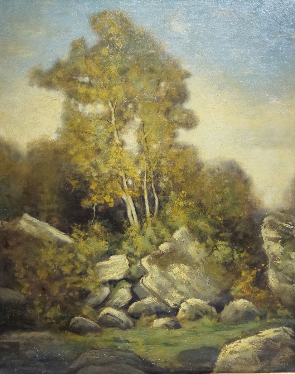 Antique Painting – Oil On Canvas – Landscape With Rocks And Trees – European School, 20th Century –-photo-4