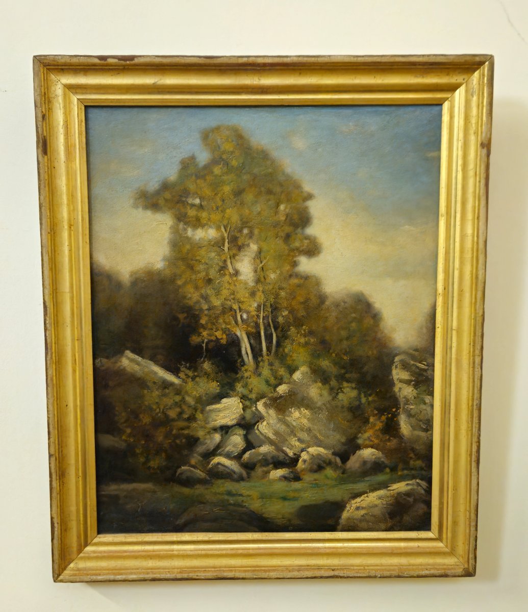 Antique Painting – Oil On Canvas – Landscape With Rocks And Trees – European School, 20th Century –-photo-5