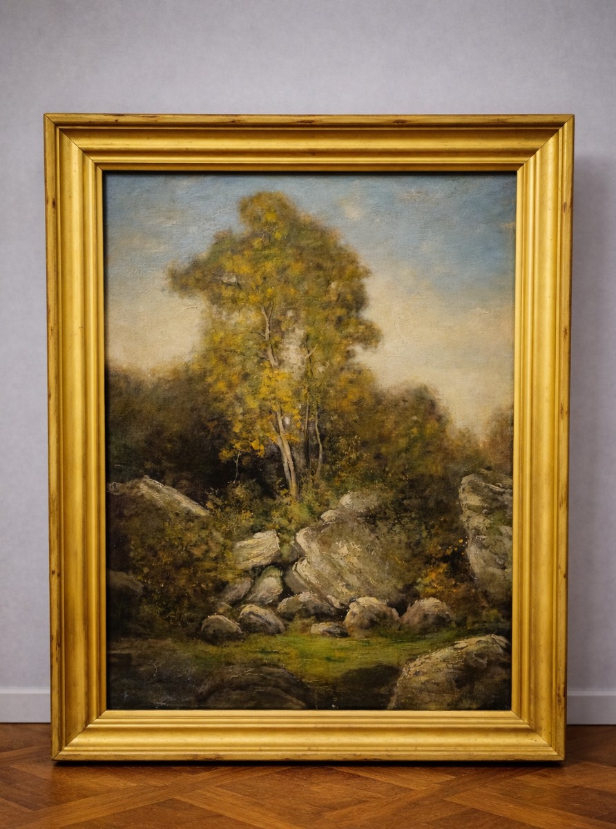 Antique Painting – Oil On Canvas – Landscape With Rocks And Trees – European School, 20th Century –