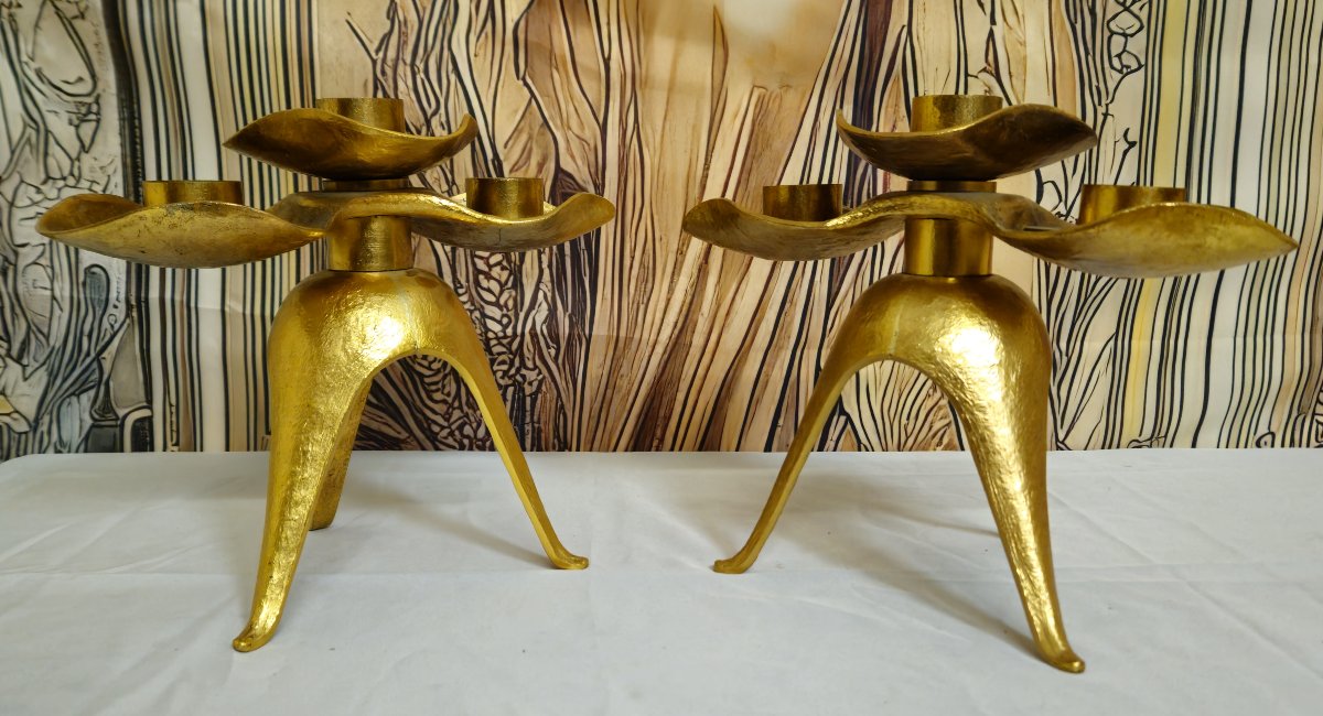 Pair Of Trilobed Candlesticks In Gilt Bronze, Maison Jansen Style, 1970s -photo-1
