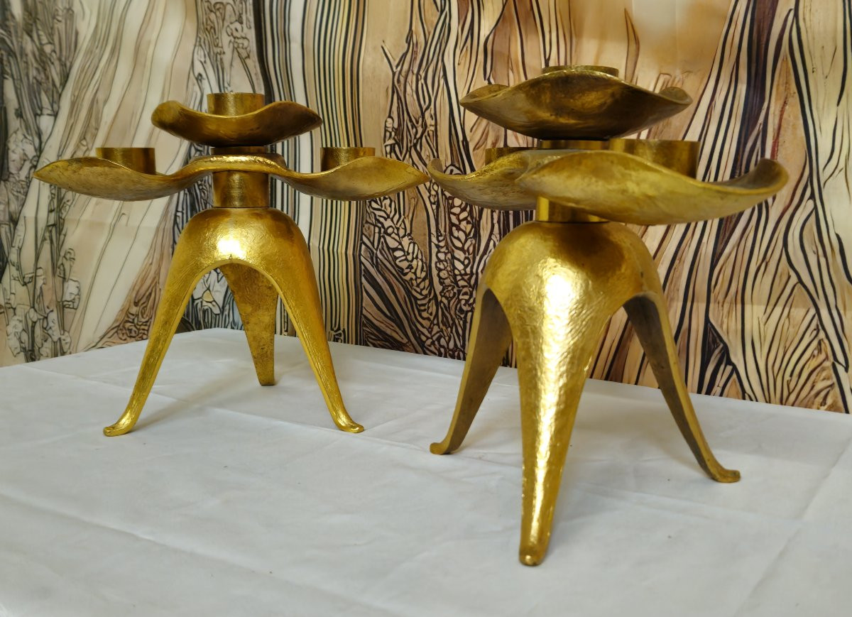Pair Of Trilobed Candlesticks In Gilt Bronze, Maison Jansen Style, 1970s -photo-2