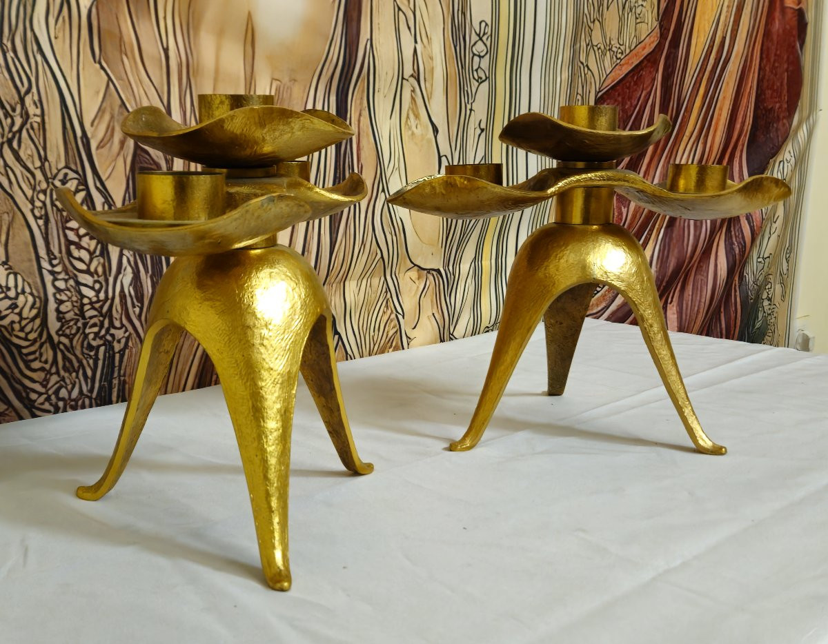 Pair Of Trilobed Candlesticks In Gilt Bronze, Maison Jansen Style, 1970s -photo-3