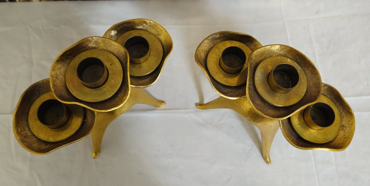 Pair Of Trilobed Candlesticks In Gilt Bronze, Maison Jansen Style, 1970s -photo-4