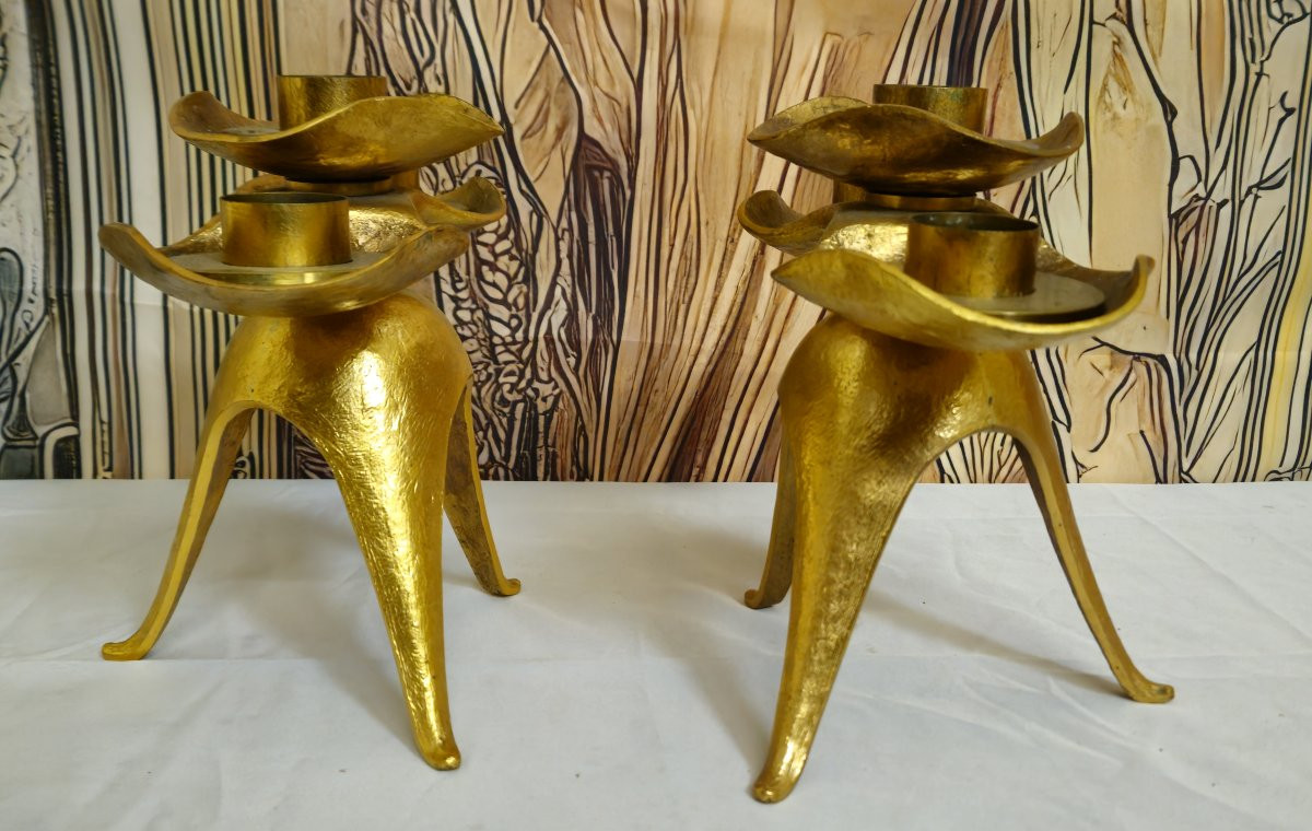 Pair Of Trilobed Candlesticks In Gilt Bronze, Maison Jansen Style, 1970s -photo-5
