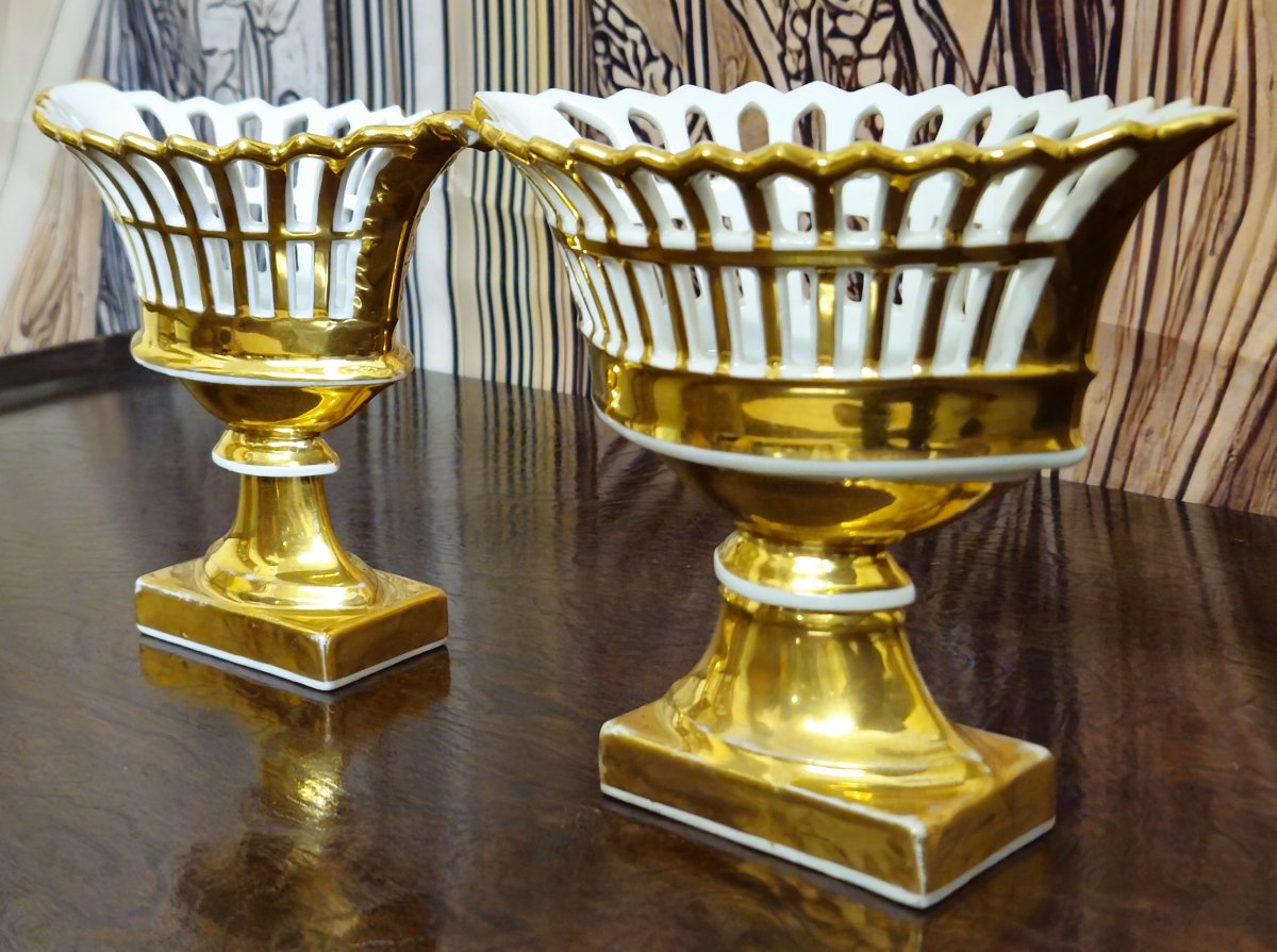 Paris Porcelain / Pair Of Altar Cups / Decorative Vases In Openwork White Porcelain-photo-1