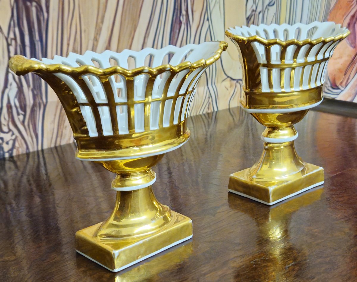 Paris Porcelain / Pair Of Altar Cups / Decorative Vases In Openwork White Porcelain-photo-2