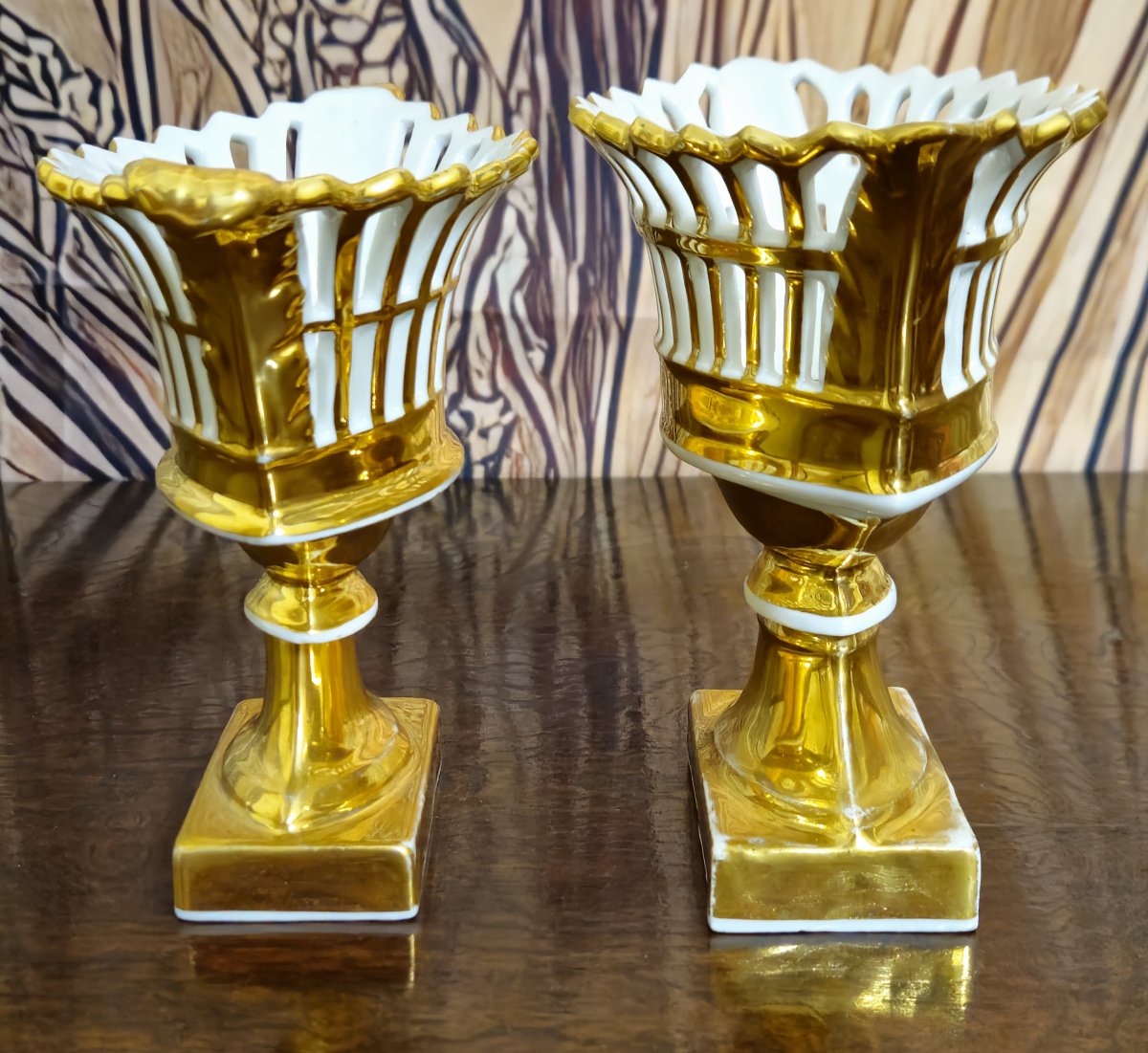 Paris Porcelain / Pair Of Altar Cups / Decorative Vases In Openwork White Porcelain-photo-5