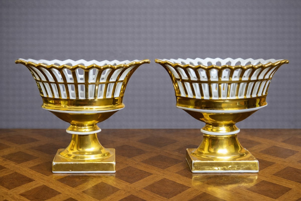 Paris Porcelain / Pair Of Altar Cups / Decorative Vases In Openwork White Porcelain