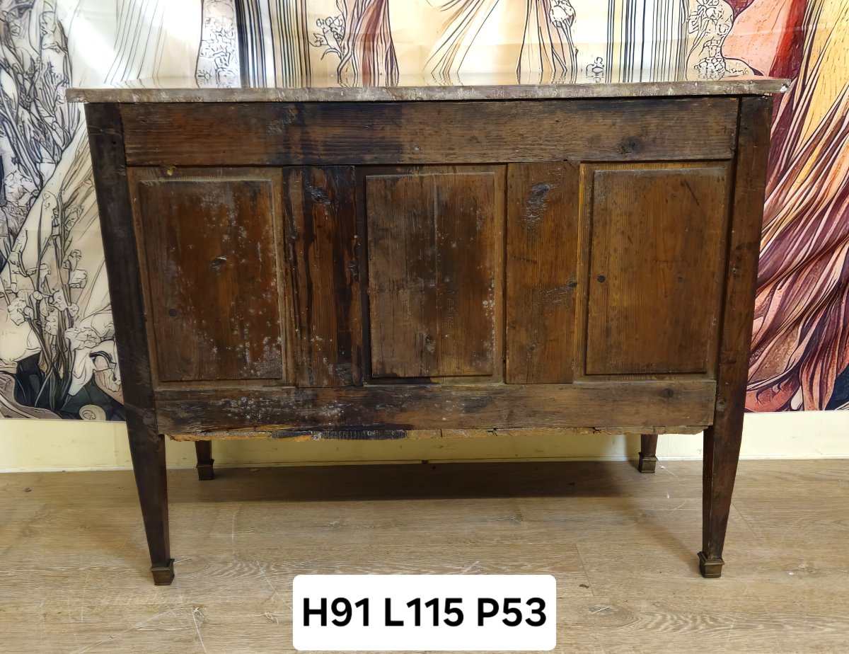 Commode Louis XVI en noyer et marquéterie, plateau marbre – XVIIIe siècle -photo-8