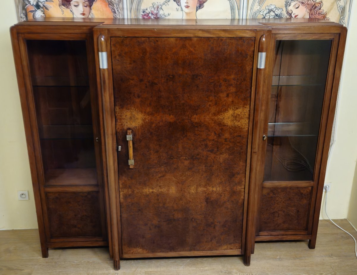 Importante bibliothèque époque Art Déco en loupe d'Amboine et acajou-photo-3