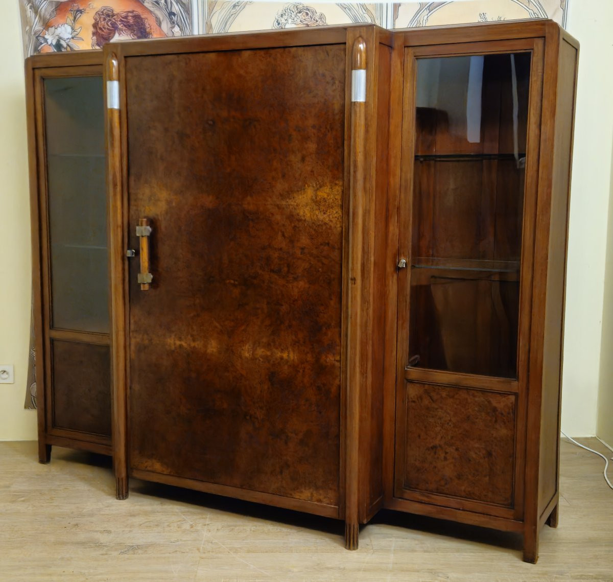 Importante bibliothèque époque Art Déco en loupe d'Amboine et acajou-photo-2